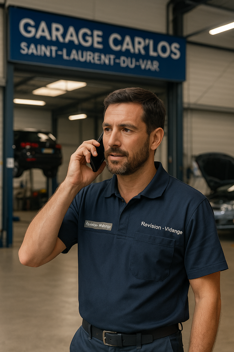 Mécanicien professionnel parlant au téléphone dans le garage Car’los à Saint-Laurent-du-Var