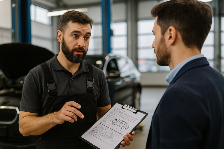 Mécanicien expliquant un diagnostic automobile à un client à Saint-Laurent-du-Var
